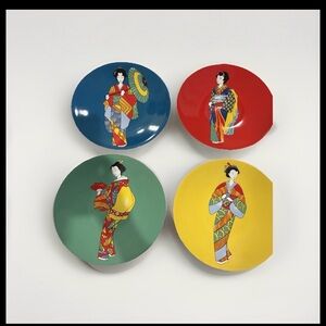 Pier 1 Geisha Salad Plates Red Yellow Green Blue Stoneware Set of 4 NEW IN BOX